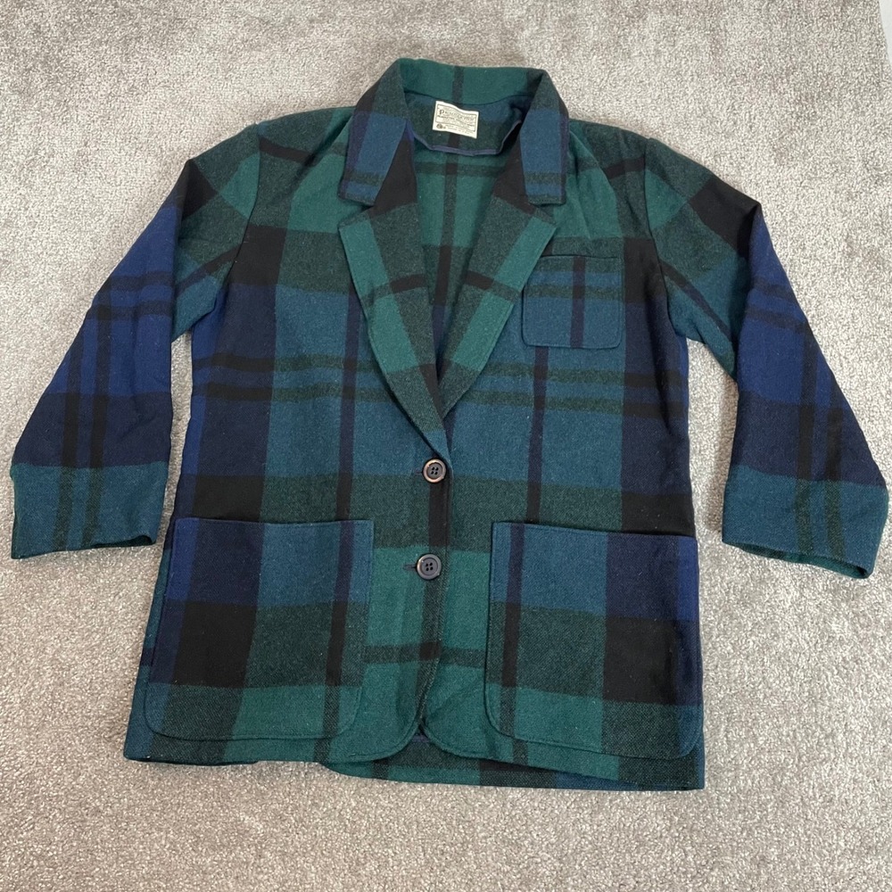 Vintage Pendleton Wool Blazer Womens 10 Plaid Made in USA Green Blue Black